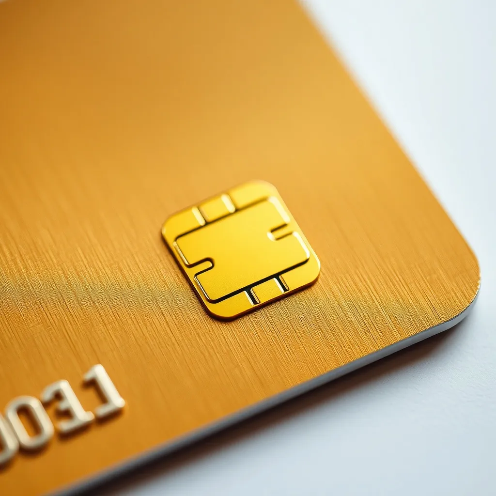 Macro shot of a golden credit card chip, technical detail, s