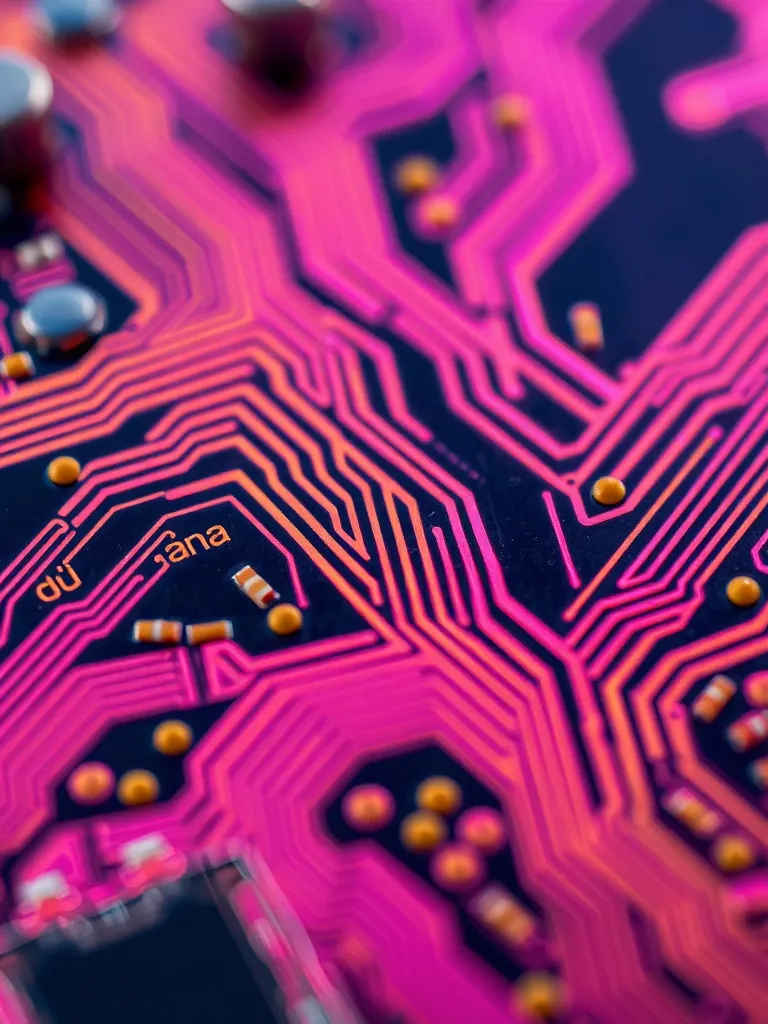 Close-up of a high-tech gold and pink circuit board texture,